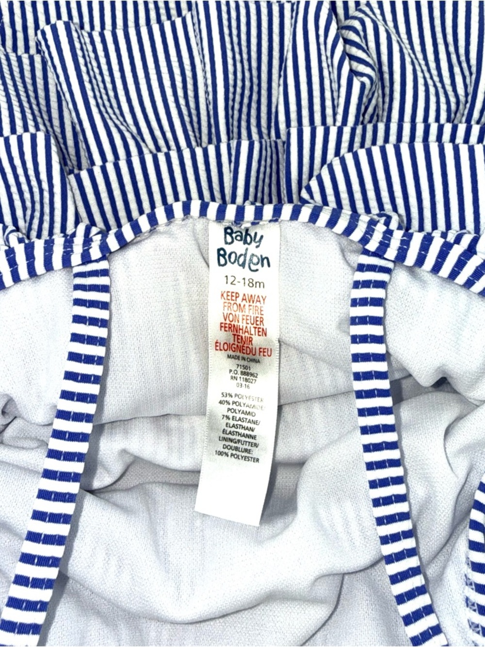 Baby Boden Baby Girls Striped Ruffle One-Piece Swimsuit in Blue and White - Picture 3 of 3
